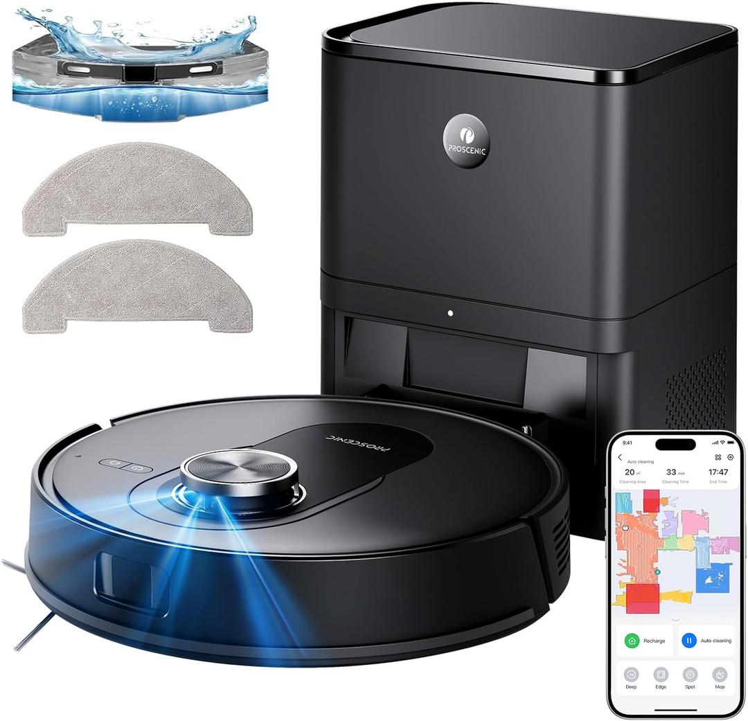 Proscenic Q8 Max Robot Vacuum Mop with Self-Empty Station, 6000Pa 200Min Robotic Vacuum with Lidar Navigation, 5 Real-Time Mapping, WiFi/Alexa/APP Remote Control Robot Hoover for Floor Carpet Pet Hair (Black)