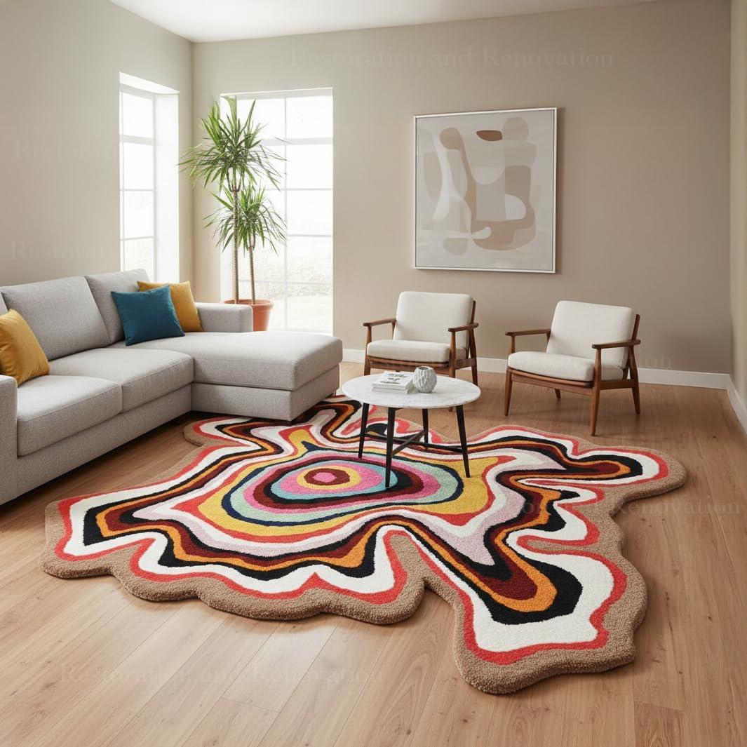 Handmade Irregular Shape Wool Area Rug | Modern Colourful Abstract Wave Design with Throw Illusion Pattern Carpet for Living Room Bedroom Dining Room & Home Decor (Multi, 4x4 ft)