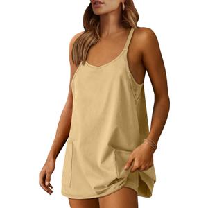 ANRABESS Women Athletic Dress Summer Tennis Workout Active Sports Mini Romper Dress Built in Shorts Travel Vacation Clothes (Small, Light Yellow)