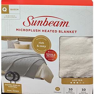 Sunbeam Microplush Queen Electric Heated Blanket with Preheat Feature Two Digital Controller 10-Heat Settings Auto Shut-Off, UL Certified for Safety, Ivory Beige