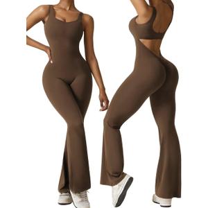 Vertvie Sleeveless Flare Jumpsuits for Women Sexy Backless Bodycon V Back Scrunch Butt Yoga Rompers Seamless Workout Bodysuit (Small, Coffee)