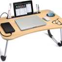 Slendor Lap Desk with Cup Holder, Foldable Laptop Table for Bed, Portable Bed Desk for Laptop and Writing, Computer Tray with Tablet Slot, Notebook Stand Reading Holder for Couch Sofa Floor,Walnut