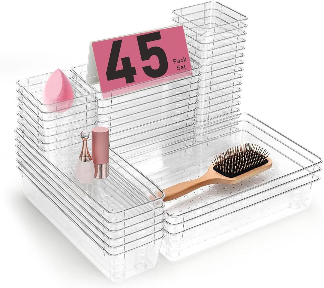 Clear Plastic Drawer Organizers Set of 45 Vanity trays Stackable Storage Bins Dividers Bathroom Organiser Storage Vanity Bins for Makeup, Kitchen Utensils, Jewelries, Office (S45(3-6-12-24))