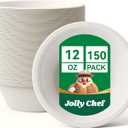 JOLLY CHEF Compostable Disposable Paper Bowl [12 oz] Heavy Duty Soup Containers [150 Pack] Biodegradable Bagasse Hot Cold Food Eco-Friendly Sugarcane Microwavable Bowls for Salad Milk Thanksgiving Day