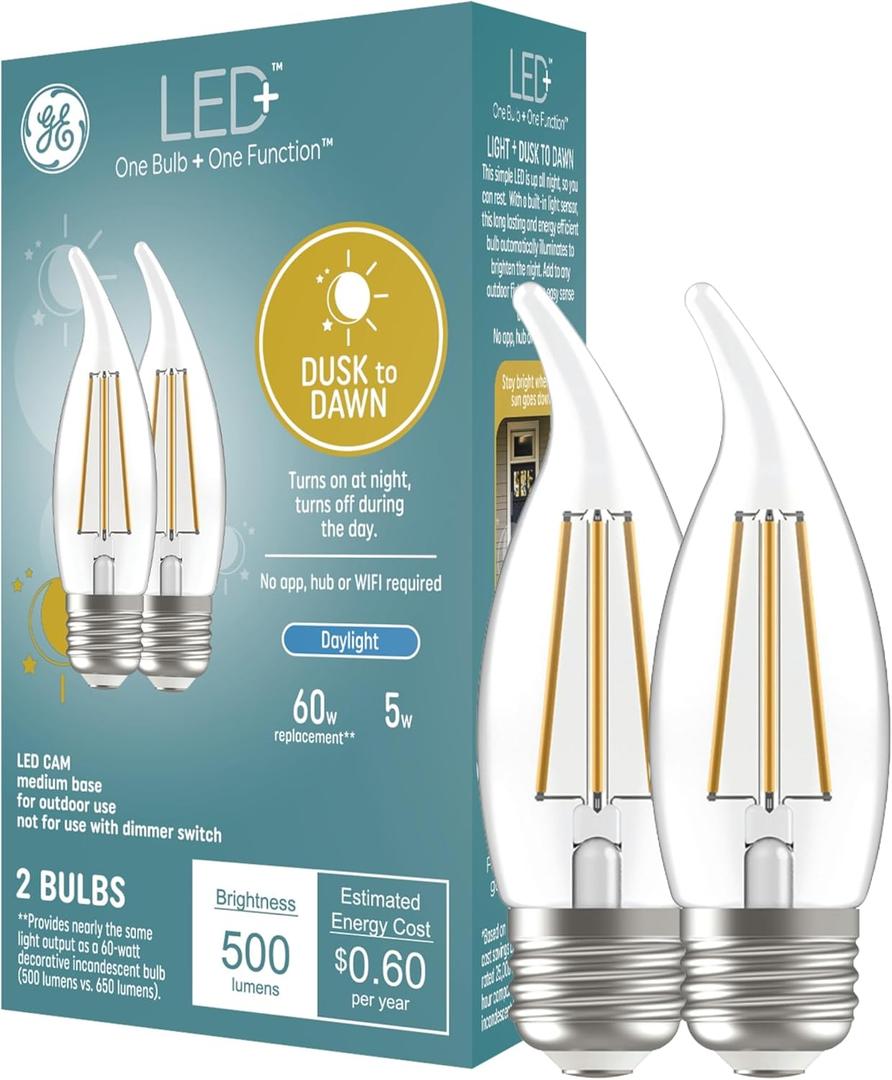 GE LED+ CA11 Dusk to Dawn LED Light Bulbs, Automatic On/Off Outdoor Security Lights, Daylight, E26 Medium Base, 2 Count (Pack of 1)