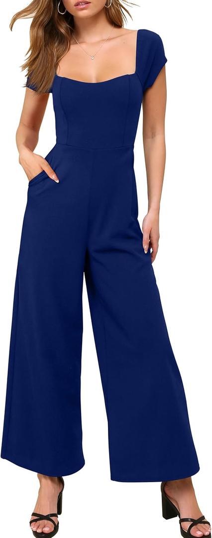 Womens Jumpsuit Dressy Casual Cap Sleeve Square Neck Wide Leg Long Pant Rompers With Pockets (Small, Royalblue)