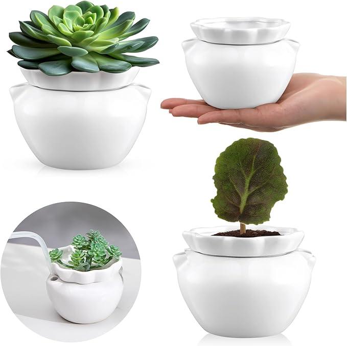 Sunnychicc 4 Set 4 Inch African Violet Pots Self Watering White Ceramic Planter Highly Absorbent Inner Planter Pot for Indoor Plants Plant Lovers Ideal Plant Pot Thriving Plant Flower Maintenance