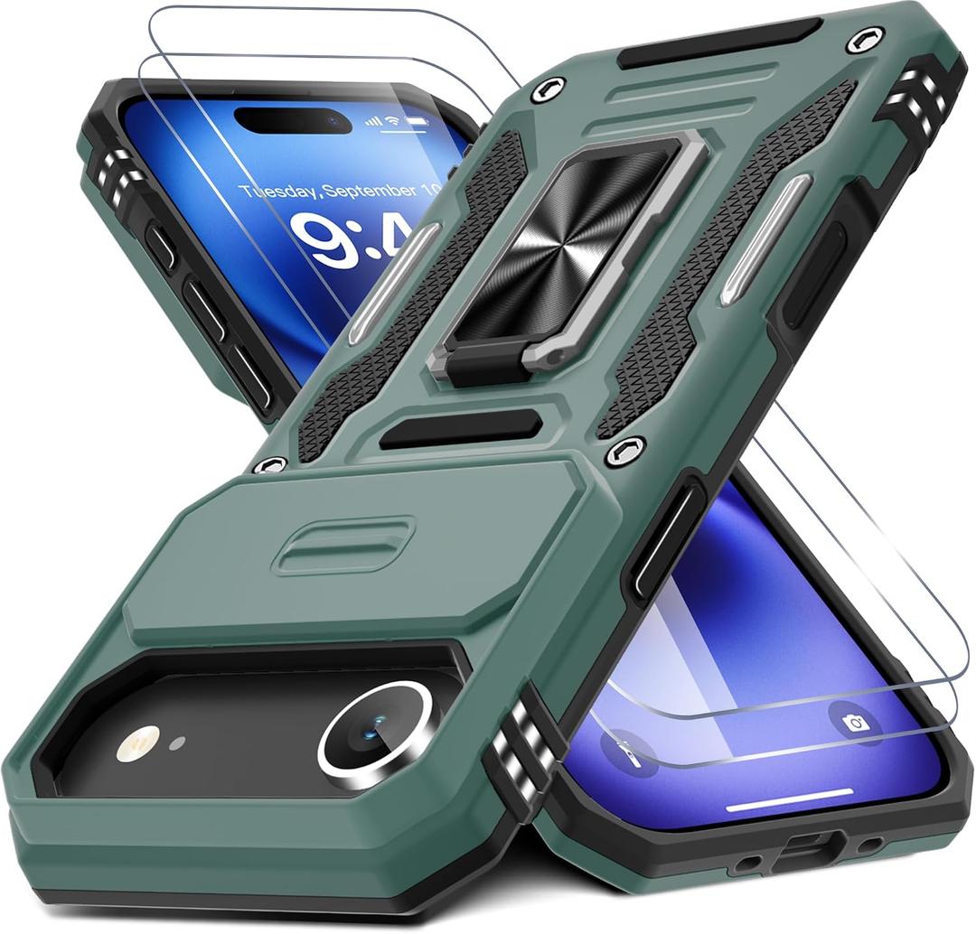 DEERLAMN Case for iPhone Air 6.5-Inch with Slide Camera Cover+Screen Protector(2 Packs), Rotated Ring Kickstand Military Grade Shockproof Protective Cover-Green