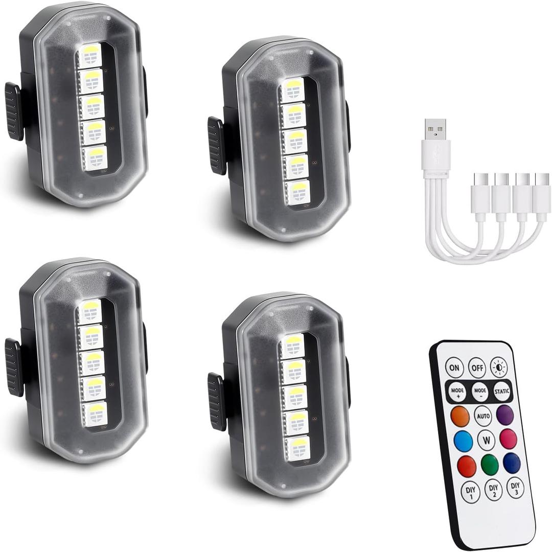 1797 Upgraded 5-LED Wireless Strobe Lights with Remote, RGB Exterior & Interior Ambient Lighting, 8 Colors & 5 Modes, USB-C Rechargeable, 4 PCS Waterproof Mini Lights for Car, Truck, Bike, Motorcycle