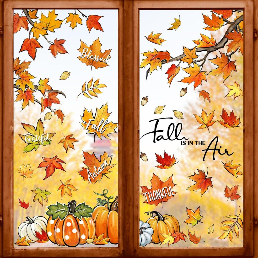Yovkky Fall is in The Air Maple Leaves Window Clings 9 Sheets, Autumn Pumpkin Patch Thankful Grateful Farmhouse Stickers Decals Decor, Blessed Thanksgiving Home Kitchen Decorations