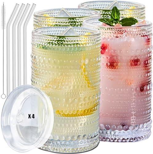 Ework4U 4 Pcs Iced Coffee Glasses Cups with Glass Lids and Straws,12 oz Thick Emboss Beaded Drinking Glass Cup Set, Latte Glasses, Ideal for Water, Soda, Gift with Cleaning Brushes