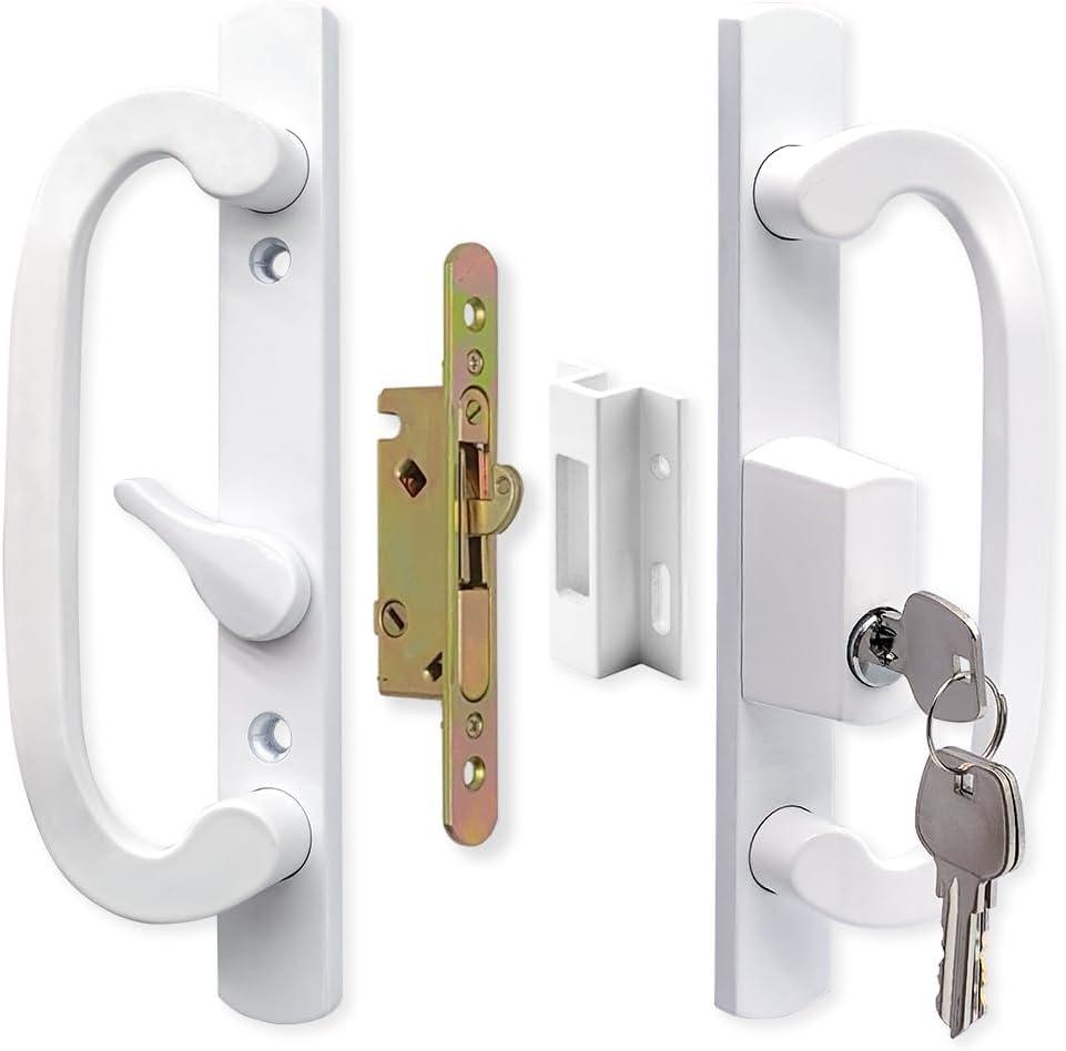 Patio Sliding Door Handle Set with Mortise Lock, Key Cylinder and Keeper, Replacement Handle Lock Set Fits Door Thickness from 1-1/2" to 2-1/4", 3-15/16" Screw Hole Spacing, Keyed, White