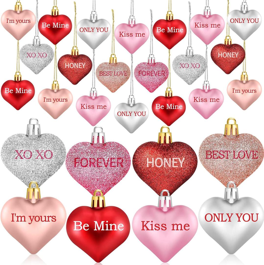 Shynek 68 Pcs Valentine's Day Heart Ornaments for Tree, Valentines Heart Baubles with Sweet Love Words for Romantic Valentines Day Decorations, 8 Styles