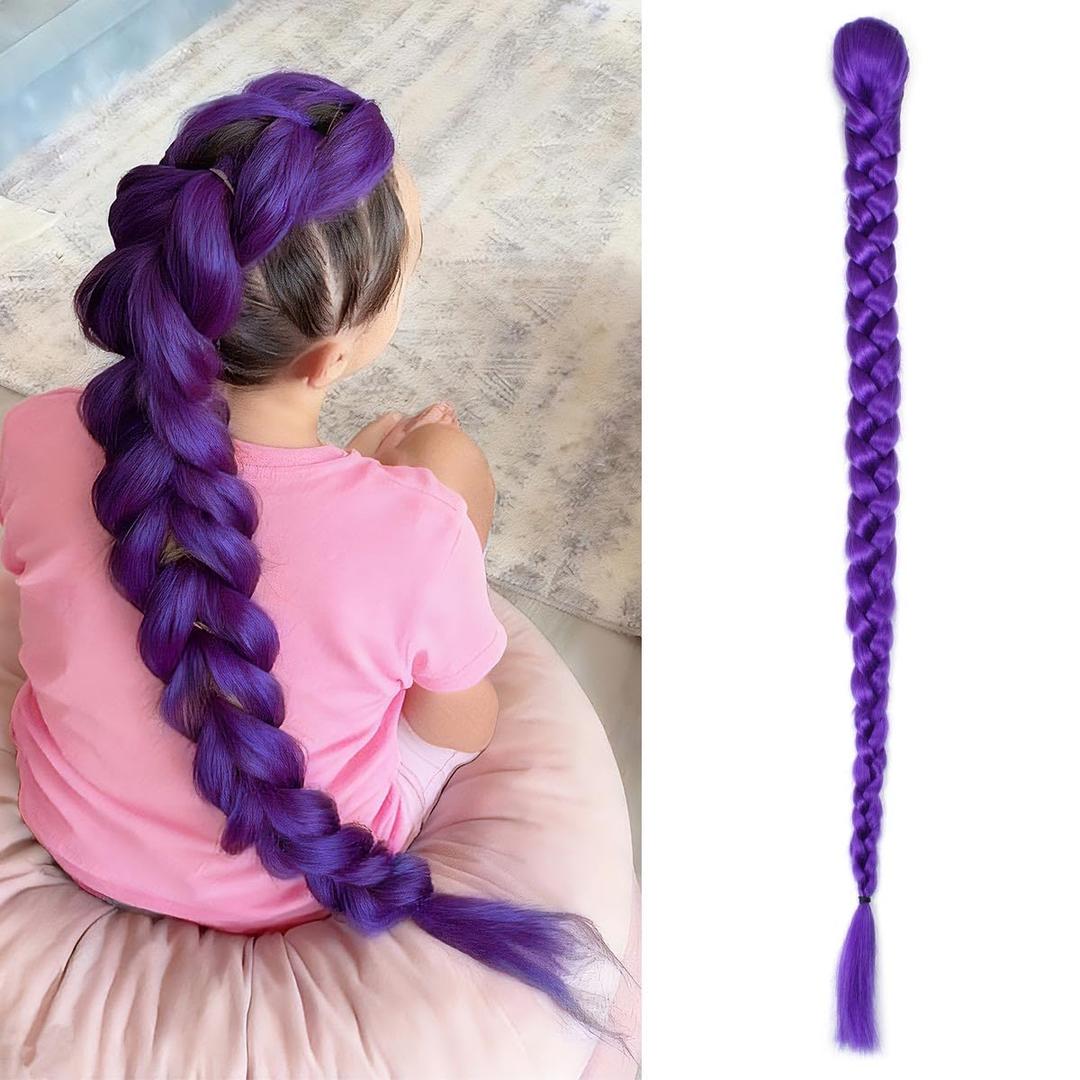 Long Purple Braid Ponytail Hair Extensions 26 Inch Purple Hair Extenisons for Braiding Easy Clip in Ponytail for Cosplay Halloween Costume
