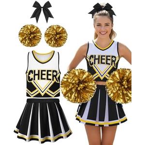 JenPen Women's Cheerleader Costume Halloween High School Cheerleading Outfit Teen Girl Musical Cheer Uniform Hair Bow Pom Pom Size Black Small