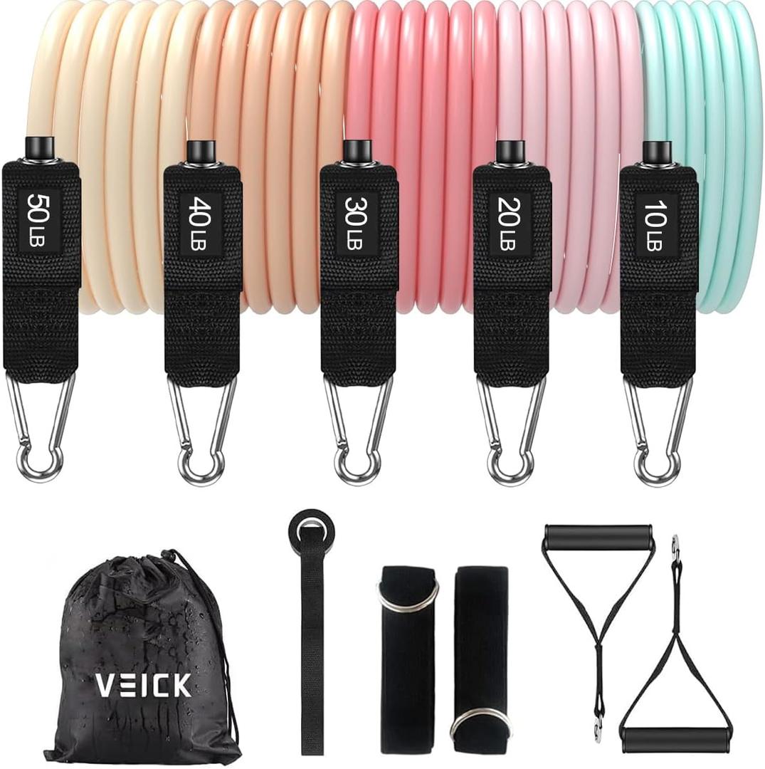 VEICK Resistance Bands, Exercise Bands, Workout Bands, Resistance Bands for Working Out with Handles for Men and Women, Exercising Bands for Fitness Weights Work Out at Home (Light Pink)