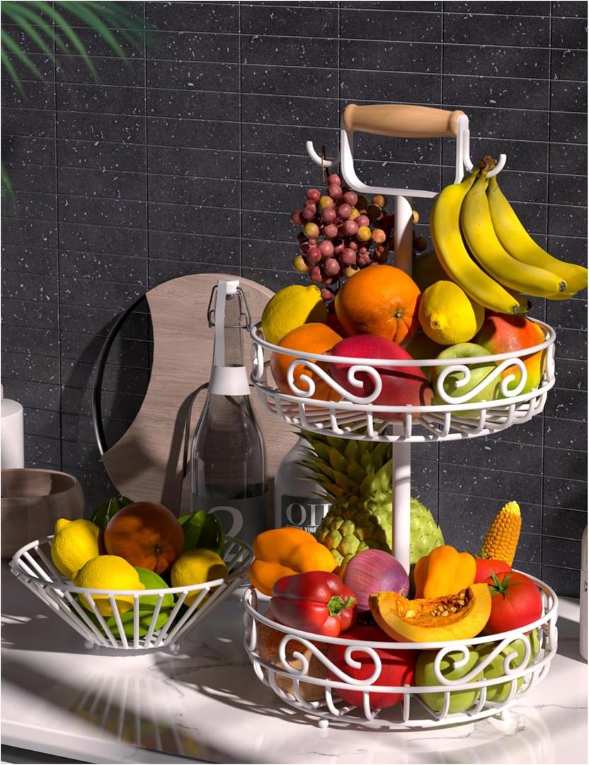 2-Tier   and Fruit Bowl - Fruit and Vegetable Storage with Banana Tree Hanger and Wood Handle, Fruit Basket for Kitchen Counter, for Bread Onions Potatoes Veggies Produce (White)