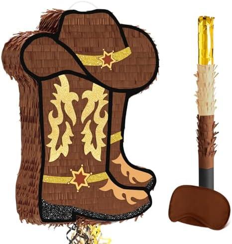 WERNNSAI Western Cowgirl Boot Piñata - Cowboy Hat Pinata Game Western World Theme Party Decorations for Adults Kids Birthday Farm Horse Rodeo Party Supplies with Bat Blindfold