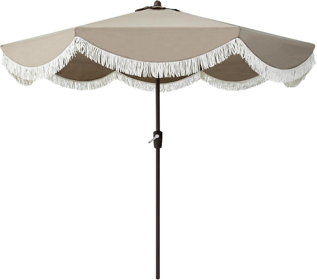 Tempera 9ft Auto Tilt Scalloped Patio Umbrellas with Fringe, Outdoor Table Umbrellas with Fade Resistant Canopy, 8 Sturdy Rids, Luxurious Vintage Umbrellas for Lawn, Pool, Deck, Balcony