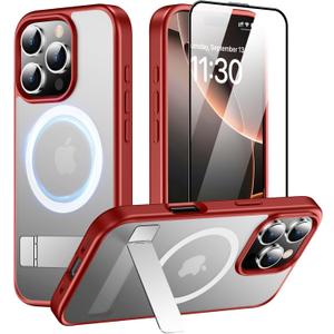 SPIDERCASE Magnetic for iPhone 16 Pro Case, with 2 Pcs [Tempered Glass Screen Protector] [ Military Grade Drop Protection] Invisible Kickstand Slim Case for iPhone 16 Pro 6.3", Red