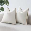 Decorative Neutral Linen Throw Pillow Covers 18x18 Inch Set of 2, Cream White Boho Farmhouse Pillow Covers with Braid Fringe for Sofa Bed Modern Couch Pillow Cases for Organic Home Decor