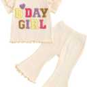 Babieshouse Toddler Baby Girl Birthday Outfit Ruffle Ribbed Short Sleeve T-Shirt Tops Flare Pants Bell Bottoms Clothes Set