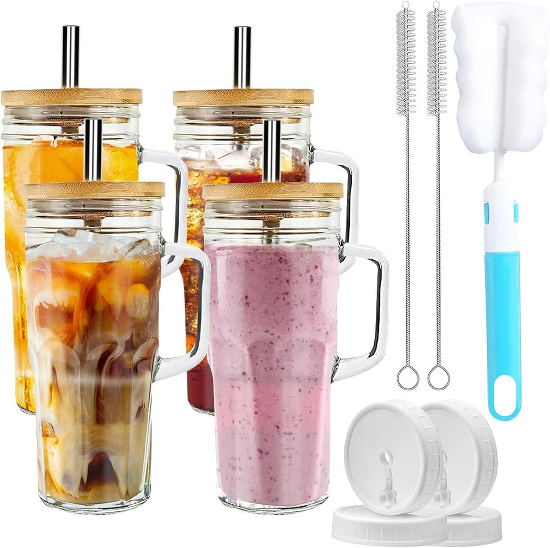 YUANYE 4 Set 24oz Glass Cups with Lids and Strawst, Glass Tumbler With Handle, Wide Mouth Reusable Mason Jars Drinking Glass Set,Ice Coffee Cups for Tea,Juice,Smoothies,Boba Cup for Cold & Hot Drinks