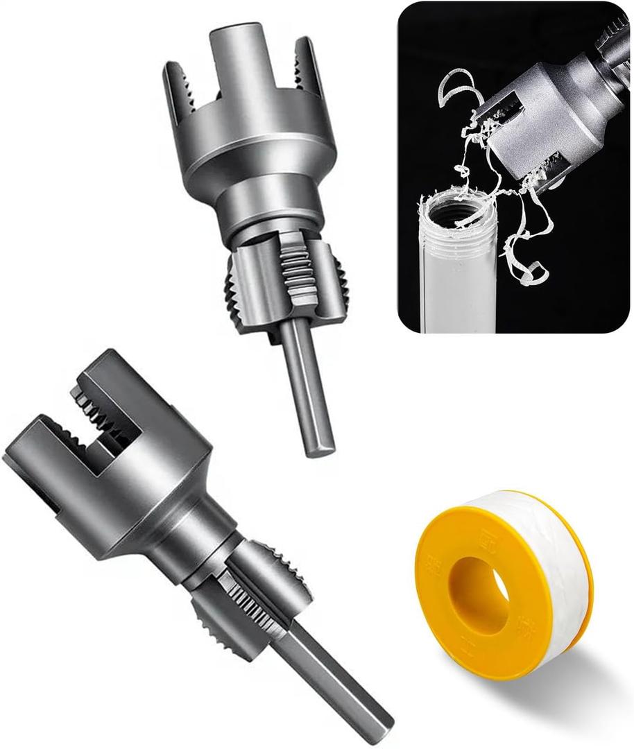 3 Pcs PVC Pipe Threader With Plumber Tape, Heavy Duty 1/2'' & 3/4'' Integrated Internal & External Pipe Threading Tool For Electric Drill Compatible, 2 in 1 Dual-Function DN15 PVC Pipe Thread Kit