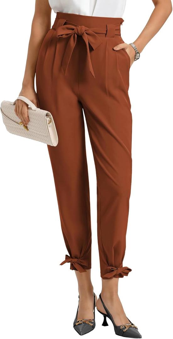 GRACE KARIN Womens Casual High Waist Pencil Pants with Pockets Bow-Knot Cropped Paper Bag Pants for Work (Medium, Coffee)