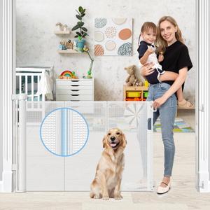 Reinforced Retractable Baby Gates with Support Rods, Retractable Pet Gate for Dog Prevent Bottom Crawling Through, Extends up to 55 Wide, Reinforced Mesh Stairs Gate for Kids Child Safety Gate, White