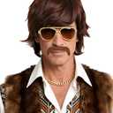Men's Brown Medium-Length Wig with Moustache and Gold-rimmed Glasses Set Halloween Character Costume Wig (Brown/Medium)