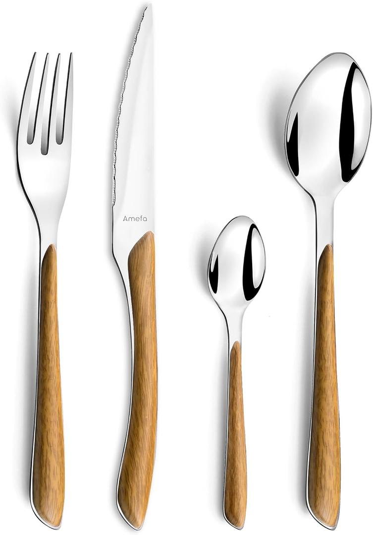 Amefa Natural Wood Handle Silverware Set - 24-Piece, Brown & Casual - Faux Wood Handle Flatware Service for 6 in Polished 18/0 Stainless Steel - Dishwasher Safe & Rust Resistant