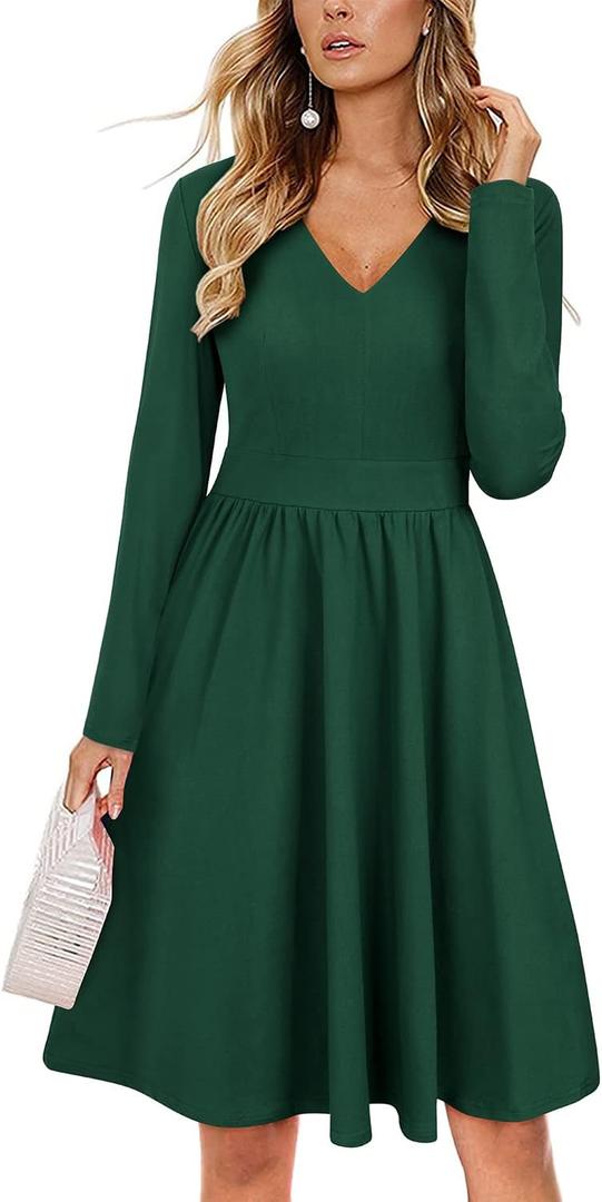 ULTRANICE Women's Fall Casual Long Sleeve Dresses V Neck Swing Midi Dress with Pockets (Green, XXL)