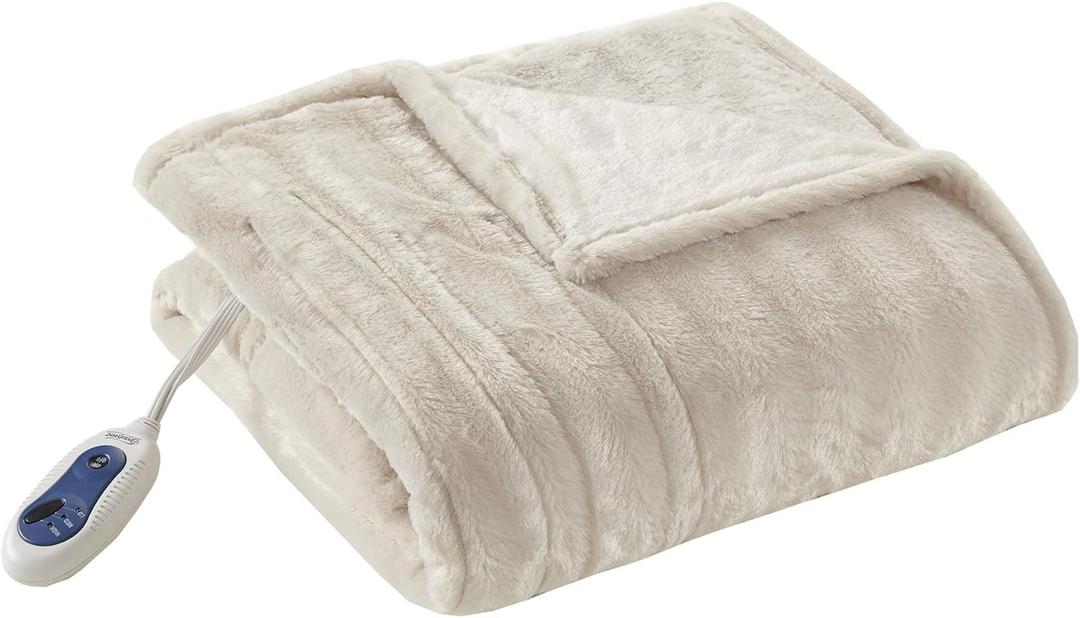 Beautyrest Duke Blanket Luxury Oversize Electric Throw Premium Soft Cozy Brushed Long Faux Fur for Bed, Couch with 3 Heat Setting Controller, Auto Shut-Off Function, Champagne, 50 in x 70 in