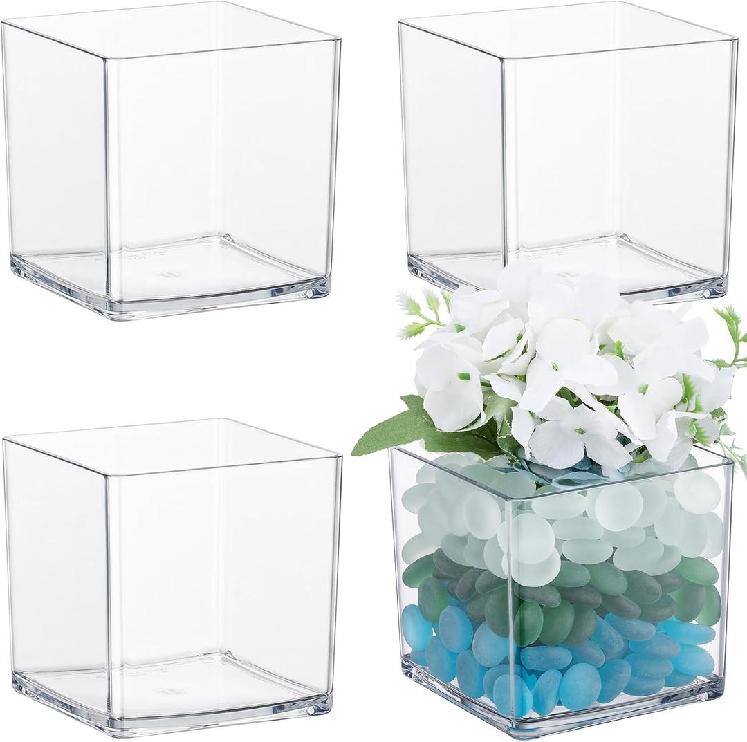 Suream Clear Acrylic Flower Vase Cube, 4"x4"x4" Clear Vases for Centerpieces, Plastic Cubes for Wedding, Birthday, Holiday & Home Decoration, Set of 4
