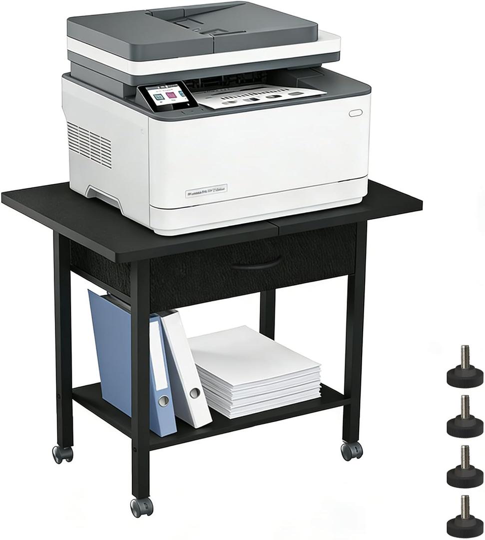 Large 22" x 15" Under Desk Printer Stand, 2-Tier Shelf Printer Table with Storage Fabric Drawer and Wheels, Rolling Cart for Home Office Fits 3D Printer, Scanner (Black)