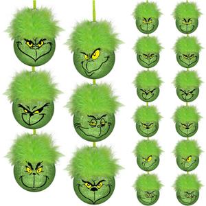 12PCS Christmas Ball Ornaments,6 Styles Glitter Christmas Tree Ornaments with Fuzzy Hair, Green Elf Balls Ornament Holiday Hanging Xmas Balls Baubles for Tree Decorations