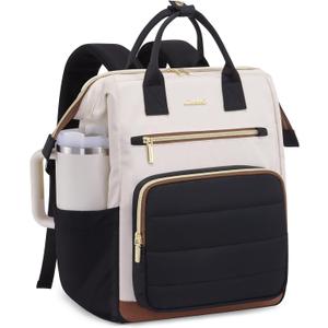 LOVEVOOK Puffer Laptop Backpack for Women, 15.6 Inch Work Backpack purse for Nurse Teacher, College Back to School Bookbag for Teen Girls, Personal Item Travel Bag Computer Daypack for Daily Commute (Black-white-brown-1)