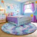 PAGISOFE Fluffy Kawaii Round Rug 4Ft for Girls Bedroom Decor, Purple Rainbow Mermaid Rugs for Kids Playroom, Teen Girl Room, Nursery, Dorm, Cute Furry Pastel Rug, Soft Plush Tent Carpet