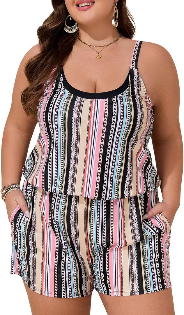 Summer Mae Plus Size Swim Romper Women One Piece Swimsuit Blouson Bathing Suit with Pockets 2025 Modest Swimwear (Orange Bohemian, 20 Plus)