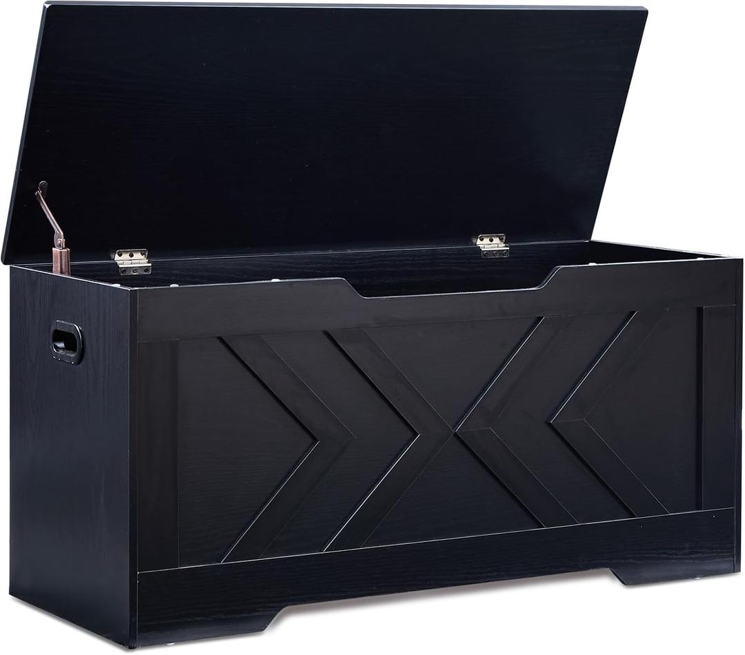 39.4 Storage Bench, Extra Large Entryway Bench with Storage,Storage Chest with 2 Safety Hinges,Blanket Storage,Shoe Storage Chest for Bedroom,Living Room,Easy Assembly. (Black)