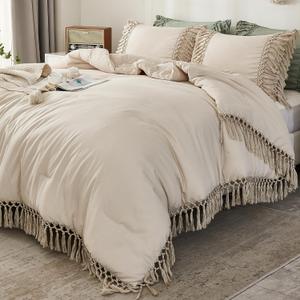 Andency Beige Comforter Set Queen, 3 Pieces Boho Tassel Bedding