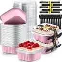 Sliner 100 Pcs 10 oz Mini Cake Pans with Lids Aluminum Foil Disposable Baking Loaf Tins, Spoon, Stickers, Square Cupcake Container for Muffin Ramekins Brownie Wedding Birthday Party(Pink)