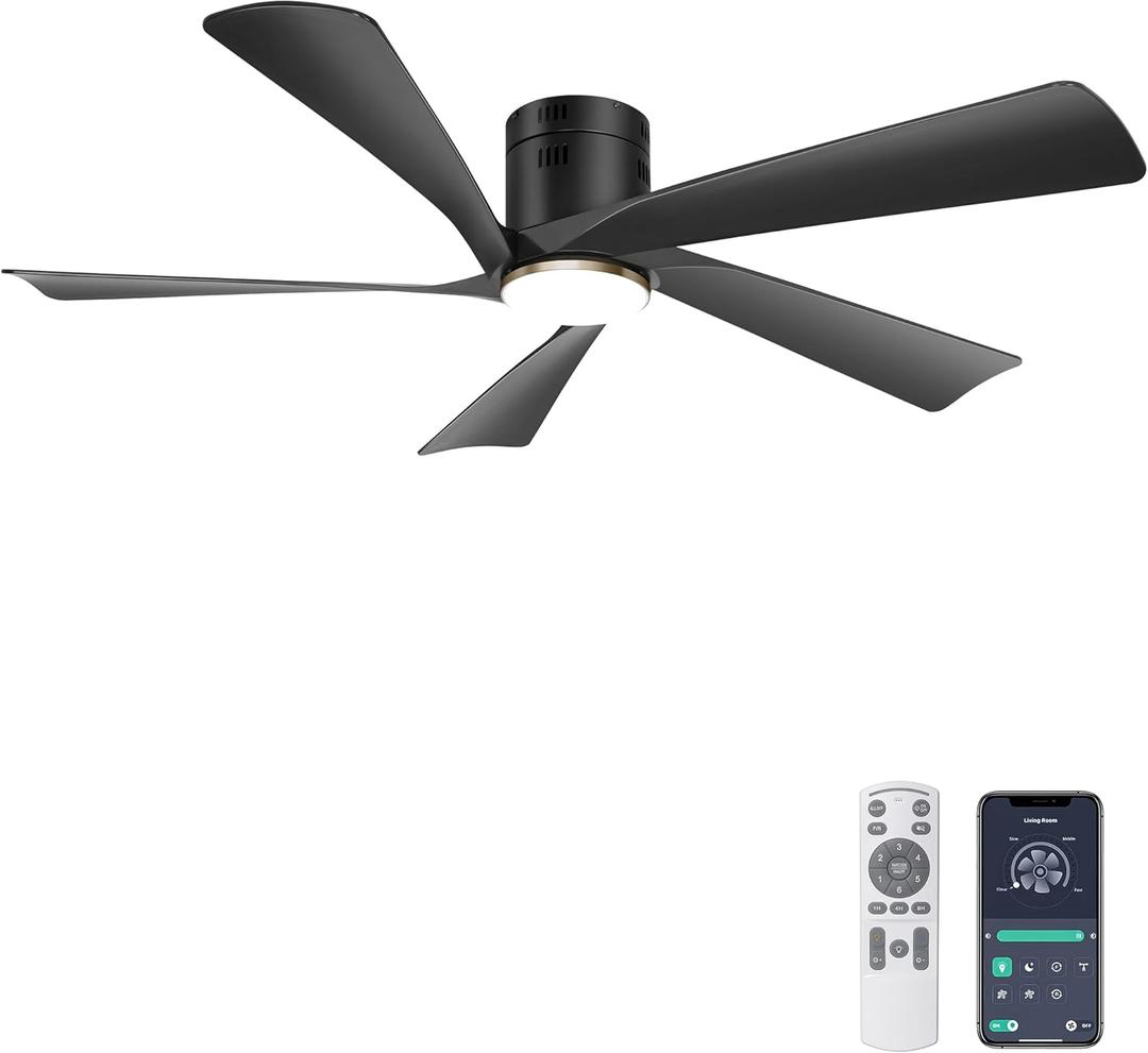 Ohniyou 52 Low Profile Ceiling Fan with Lights, Remote & APP Control Modern Flush Mount Indoor Outdoor Ceiling Fans, Dimmable, Silent DC Motor, Reversible, Black