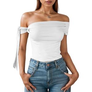 Off The Shoulder Tops for Women - Tie Shoulder Ruched Going Out Slim Fit Solid Y2K Tops White (White, L)