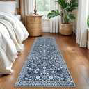 Vintage Washable Runner Rug 2x6, Navy Runners for hallways, Super Soft Kitchen Runner Rug Non Slip, Printed Faux Wool Floral Thin Carpet Runner for Entryway Laundry Room Bedroom