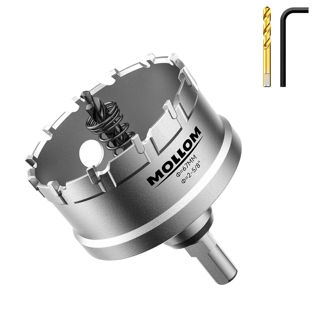 Mollom (2-5/8''|67mm) Heavy Duty Carbide Hole Saw with 2 Pilot Drill Bits, Hole Cutter cuts Stainless Steel, mild Steel, Iron, Copper, Brass, Plastic