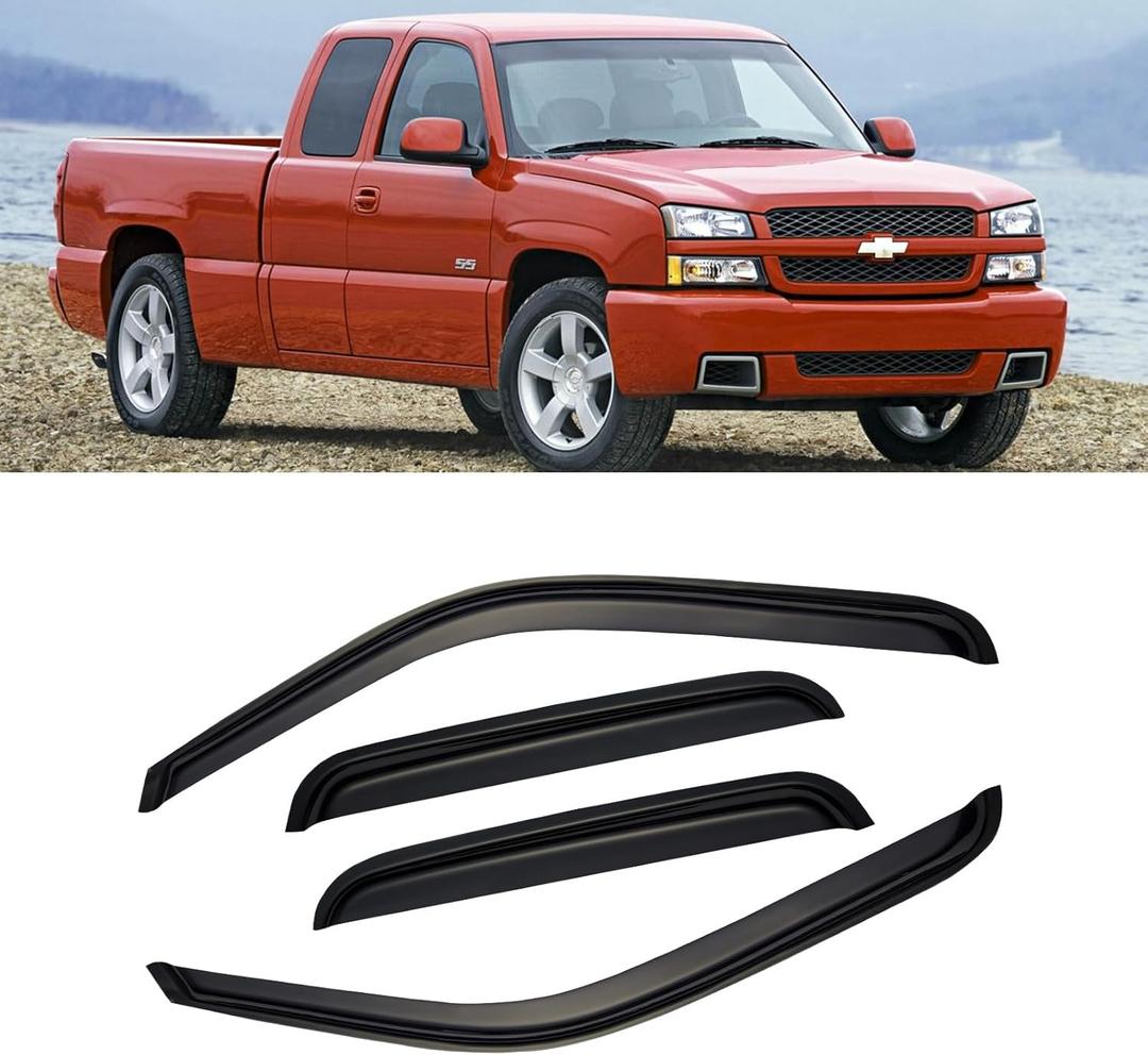 Window Visors for 1999-2006 Chevy Silverado & GMC Sierra 1500/2500 / 3500 HD, Rain Guards Shields Vent Deflector Shade Dark Smoke 2007 Classic for Extended Cab, Tape-On, 4PCS (For 1999-2007 Silverado/ Sierra Extended Cab)