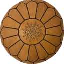 Luxury Handcrafted Moroccan Leather Pouf - Boho Chic Ottoman Seat & Footstool for Living Room Decor - Foot Rest - Round Ottoman (Light Tan with Brown Thread, Stuffed)