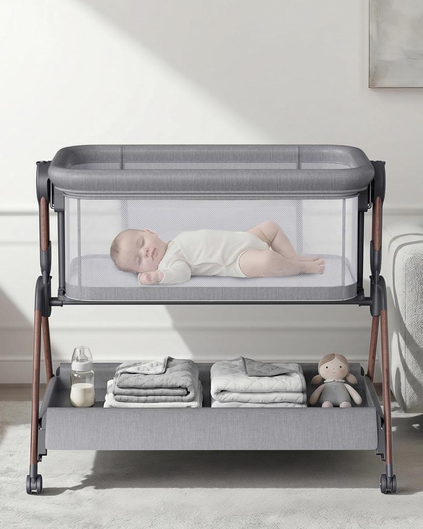 Bassinet - Baby Bassinet,3-in-1 Baby Bassinet Bedside Sleeper, Rocking Bassinet with Wheels,Breathable Sheet,Full-Mesh Sides,Storage,6 Height Adjustable Crib, for Day and Night(Mesh Grey)